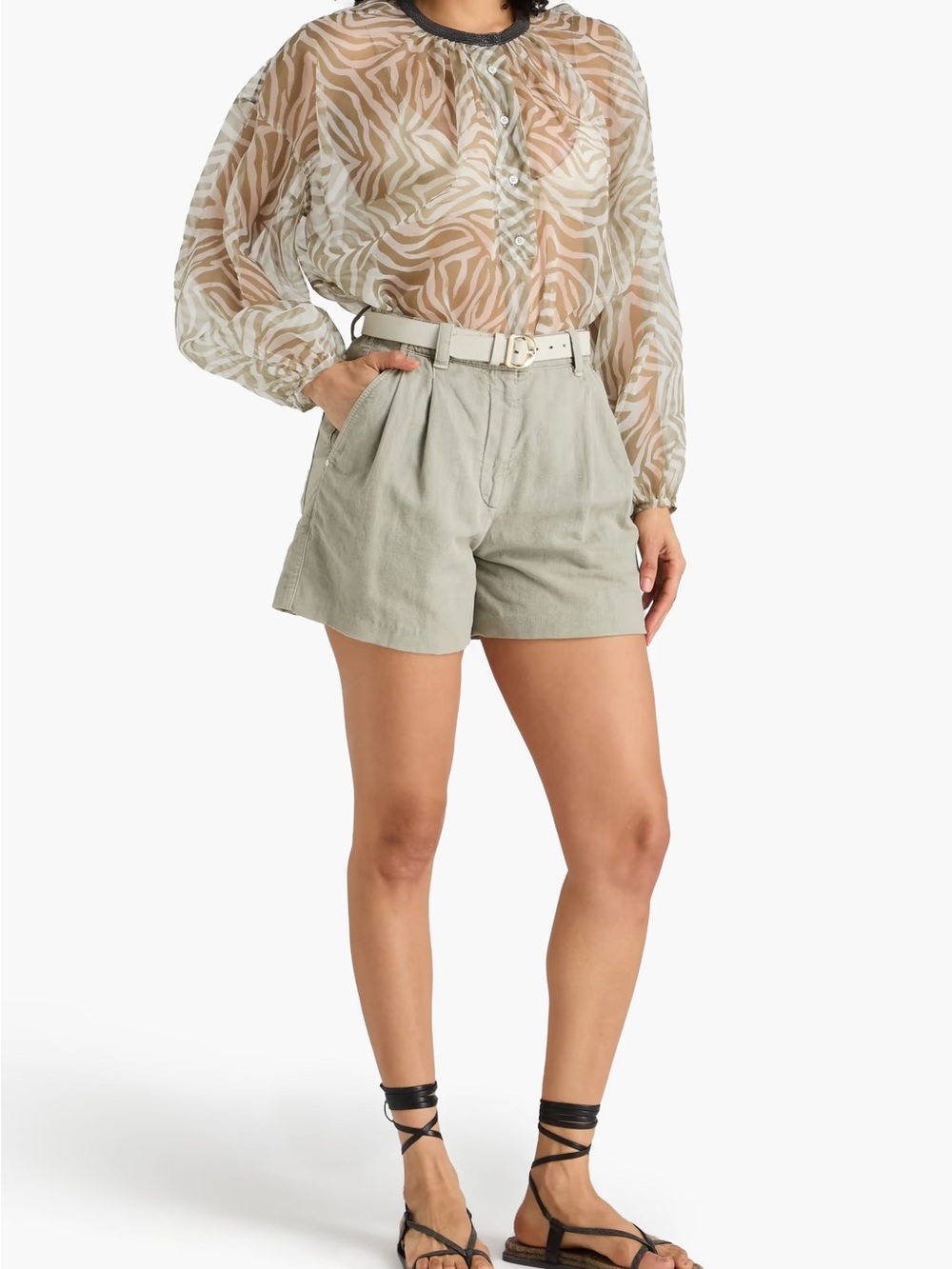 Brunello Cucinelli Sheer Zebra-Print Bead-embellished silk-organza blouse